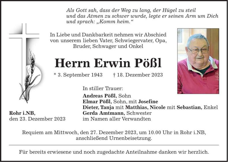 Traueranzeige Erwin Pößl