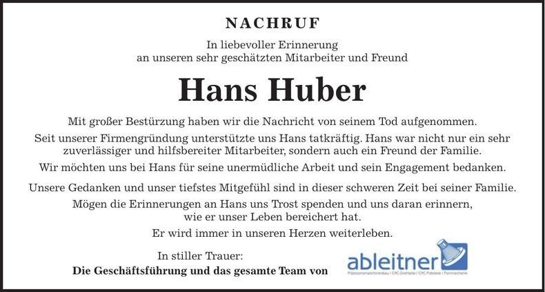 Traueranzeige Hans Huber