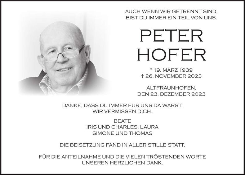 Traueranzeige Peter Hofer