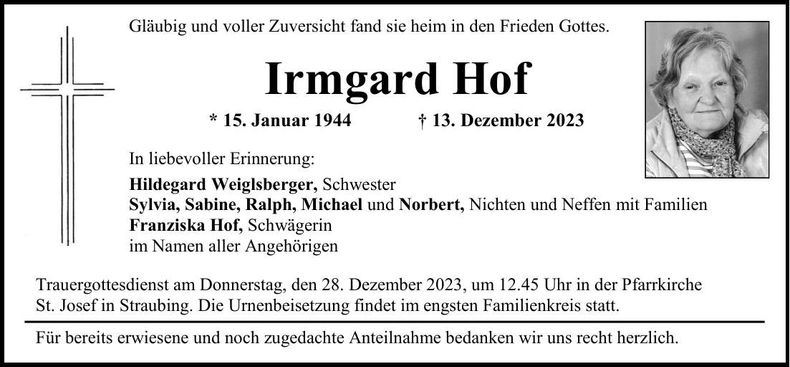 Traueranzeige Irmgard Hof