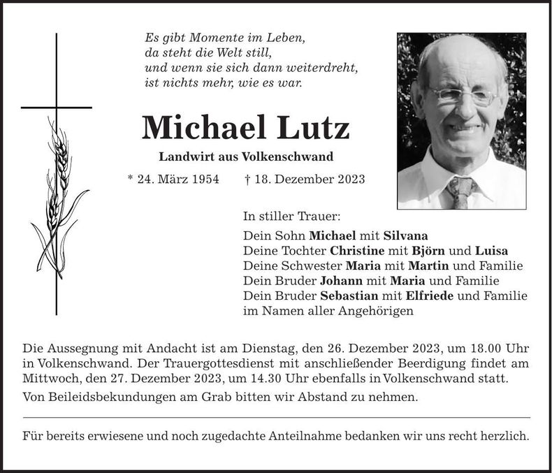 Traueranzeige Michael Lutz