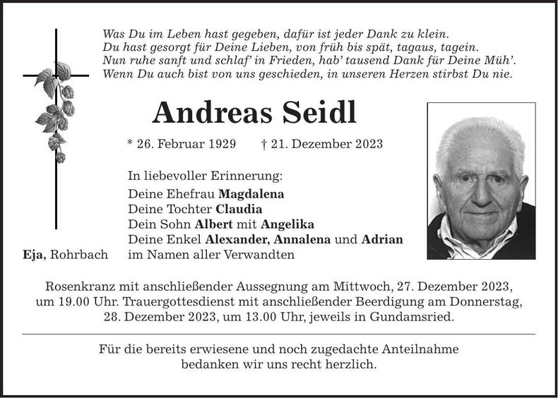 Traueranzeige Andreas Seidl