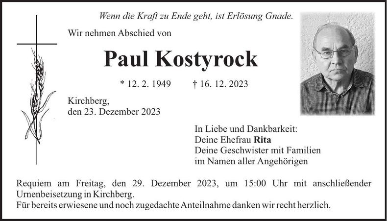 Traueranzeige Paul Kostyrock