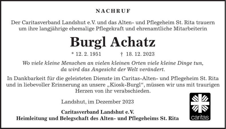 Traueranzeige Burgl Achatz