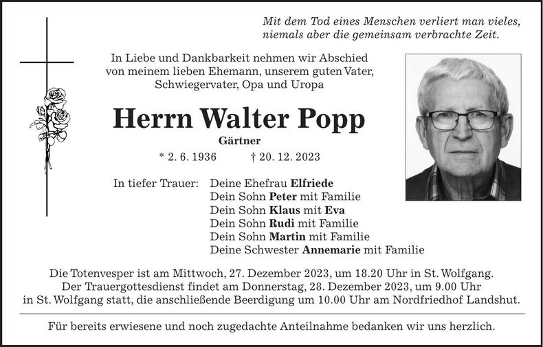 Traueranzeige Walter Popp