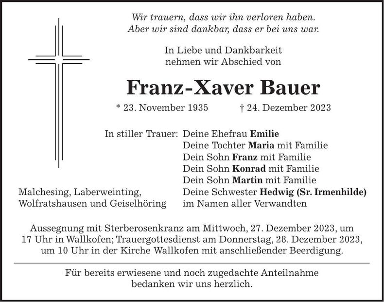 Traueranzeige Franz-Xaver Bauer