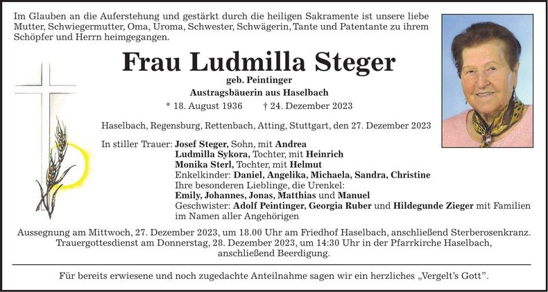 Traueranzeige Ludmilla Steger