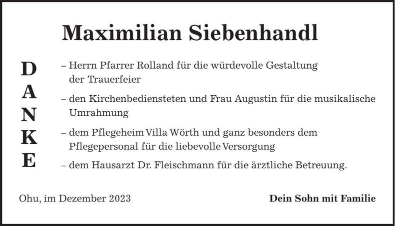 Traueranzeige Maximilian Siebenhandl