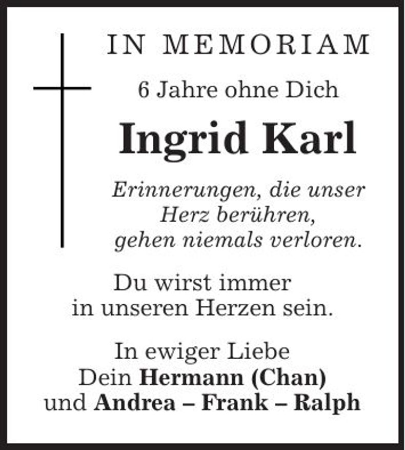 Traueranzeige Ingrid Karl