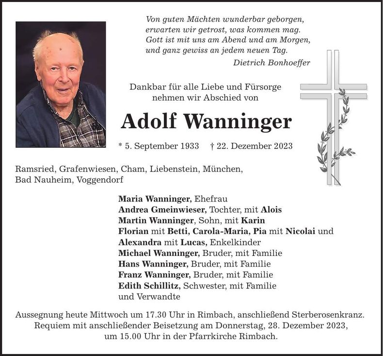 Traueranzeige Adolf Wanninger