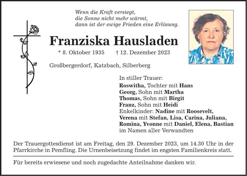 Traueranzeige Franziska Hausladen