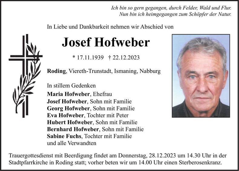 Traueranzeige Josef Hofweber