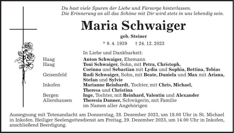 Traueranzeige Maria Schwaiger