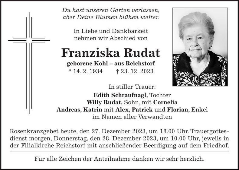 Traueranzeige Franziska Rudat