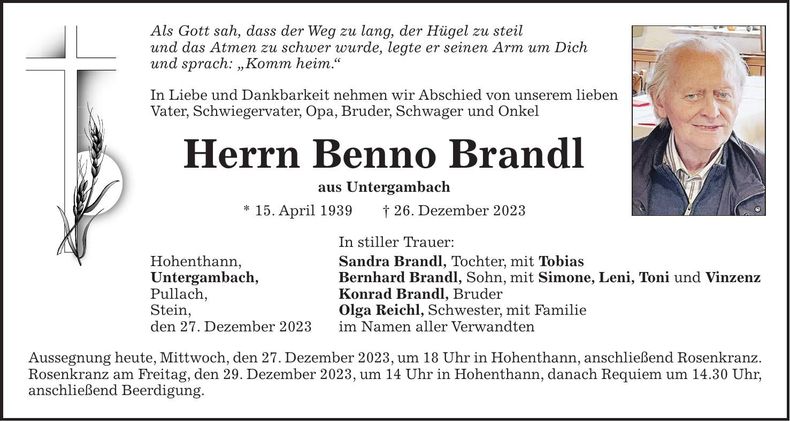 Traueranzeige Benno Brandl