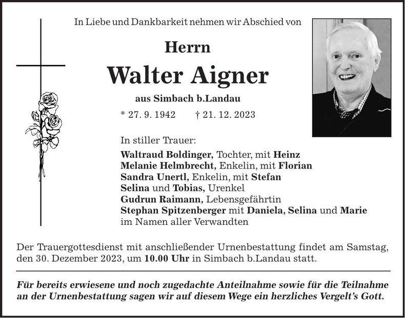 Traueranzeige Walter Aigner