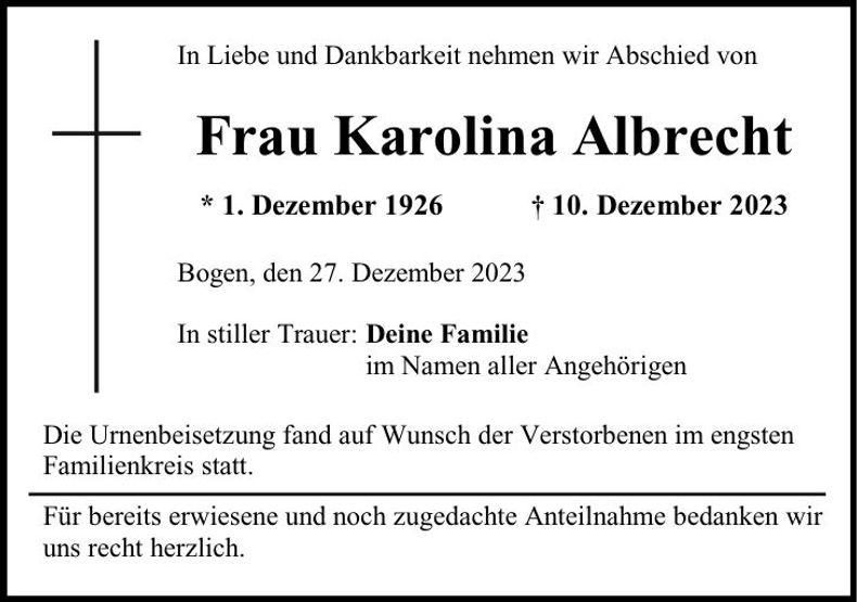 Traueranzeige Karolina Albrecht