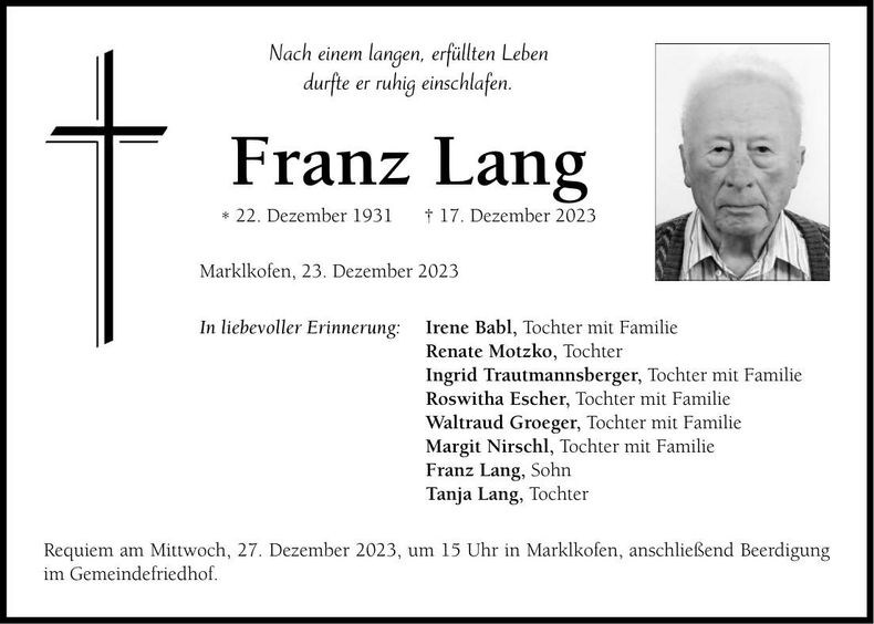 Traueranzeige Franz Lang