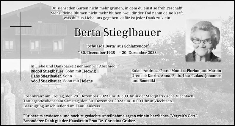 Traueranzeige Berta Stieglbauer