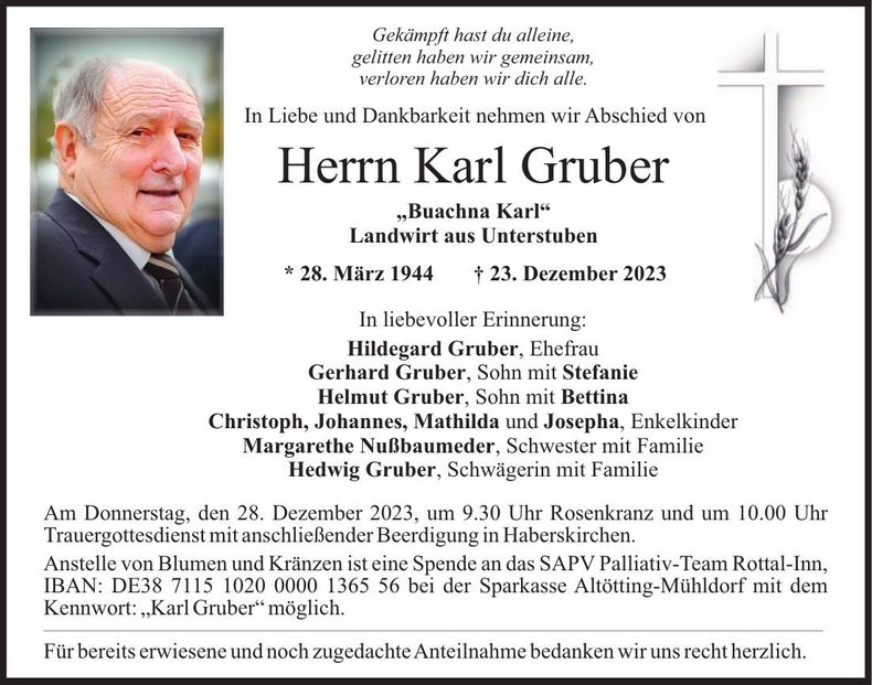 Traueranzeige Karl Gruber