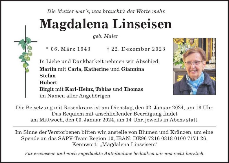 Traueranzeige Magdalena Linseisen