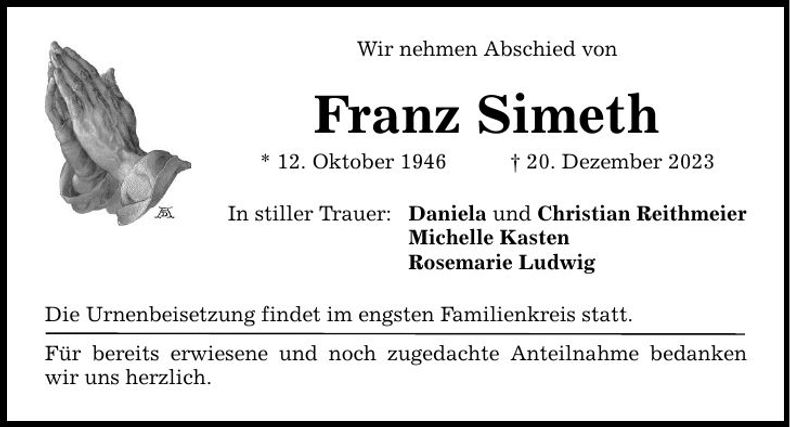 Traueranzeige Franz Simeth