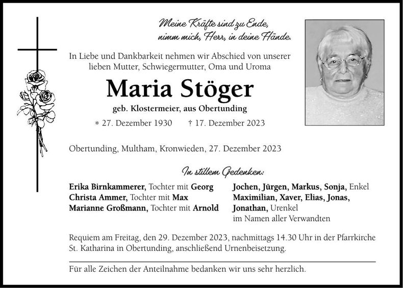 Traueranzeige Maria Stöger
