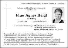 Traueranzeige Agnes Heigl