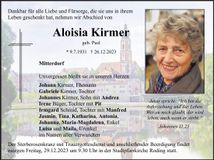 Traueranzeige Aloisia Kirmer