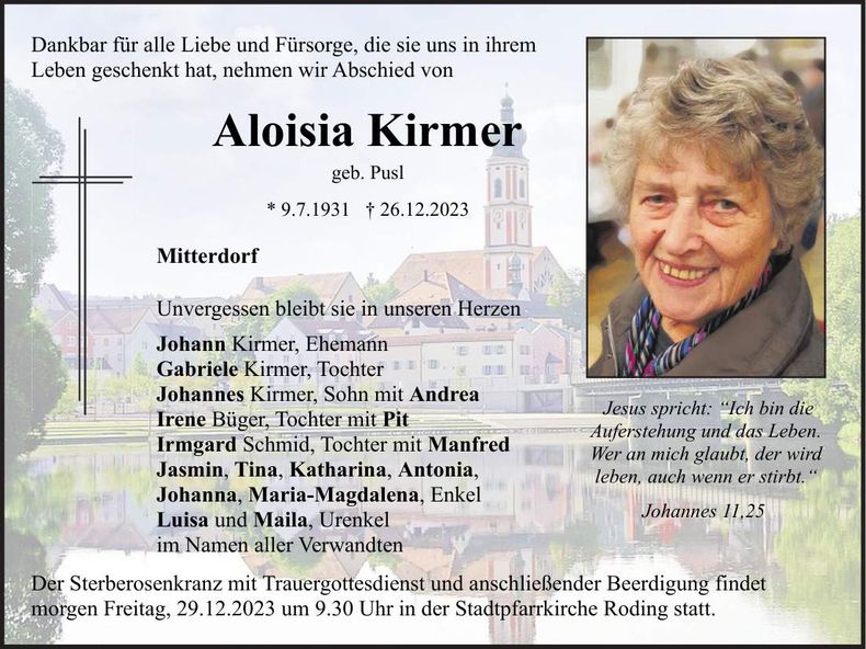 Traueranzeige Aloisia Kirmer