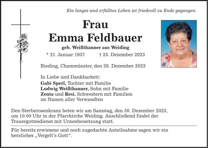 Traueranzeige Emma Feldbauer
