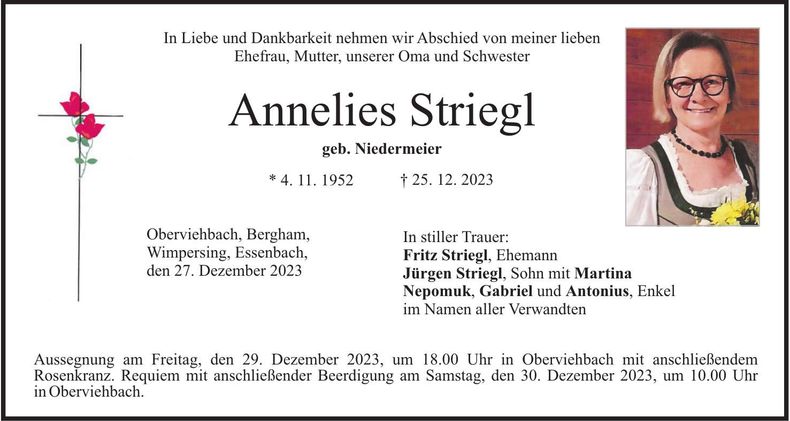 Traueranzeige Annelies Striegl