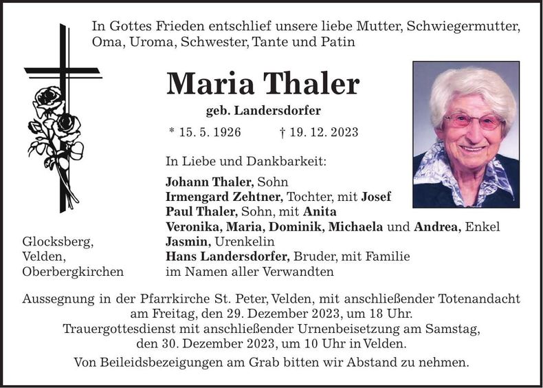 Traueranzeige Maria Thaler