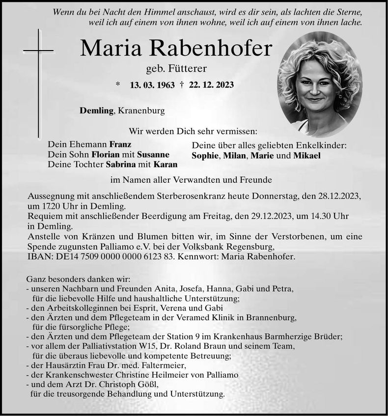 Traueranzeige Maria Rabenhofer