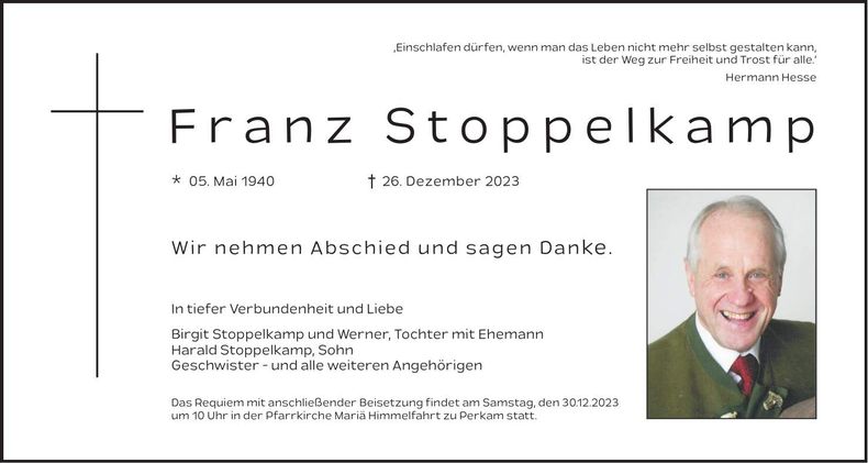 Traueranzeige Franz Stoppelkamp