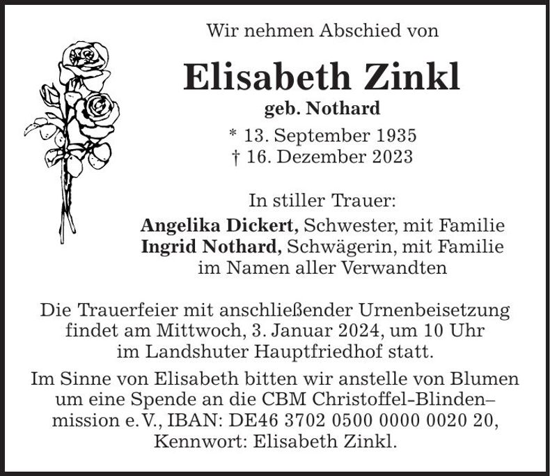 Traueranzeige Elisabeth Zinkl