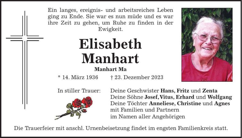 Traueranzeige Elisabeth Manhart