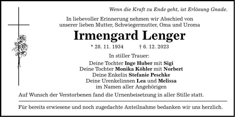 Traueranzeige Irmengard Lenger