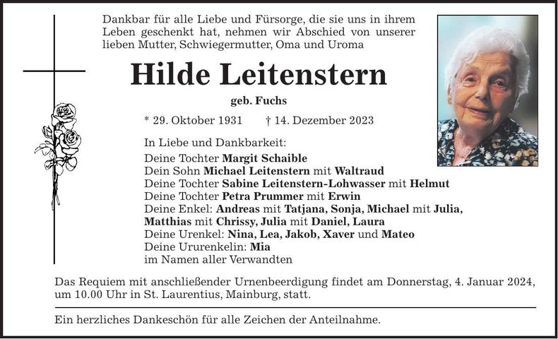 Traueranzeige Hilde Leitenstern