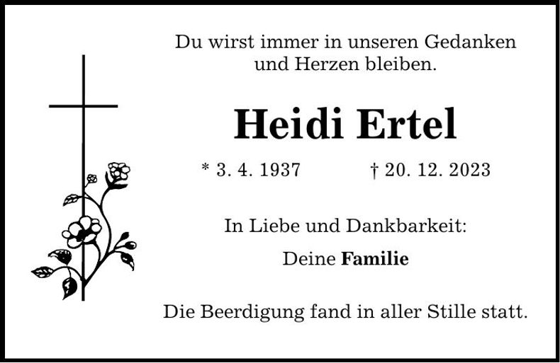 Traueranzeige Heidi Ertel