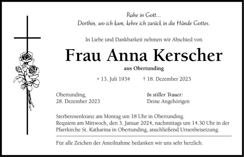 Traueranzeige Anna Kerscher