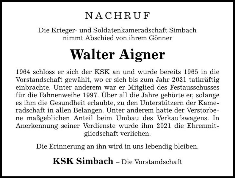Traueranzeige Walter Aigner