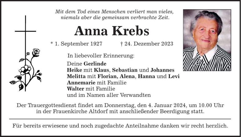 Traueranzeige Anna Krebs