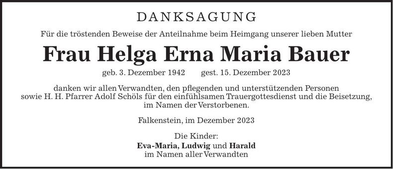 Traueranzeige Helga Erna Maria Bauer