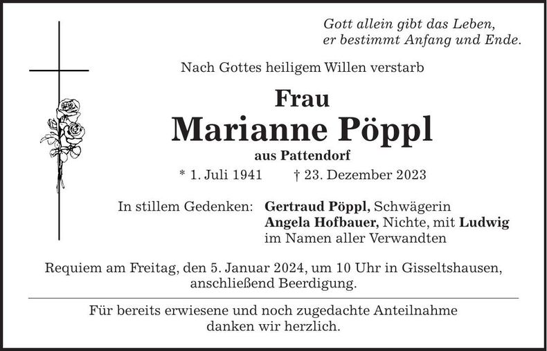 Traueranzeige Marianne Pöppl