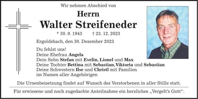 Traueranzeige Walter Streifeneder