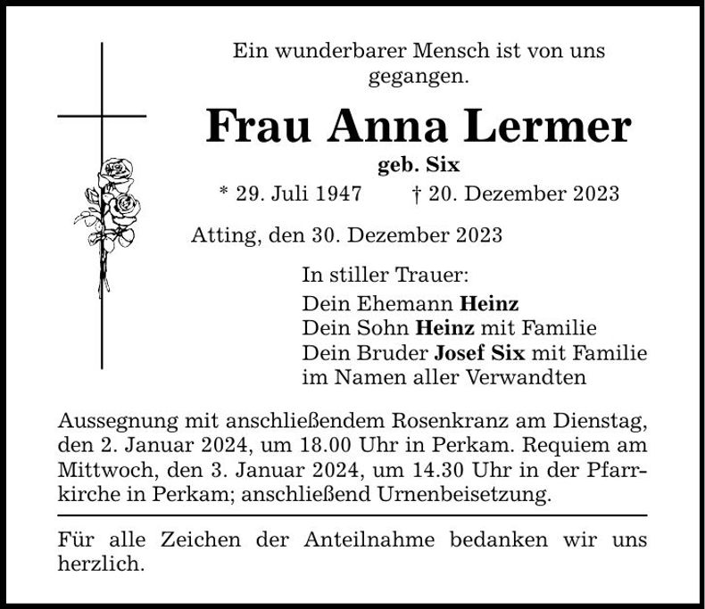 Traueranzeige Anna Lermer