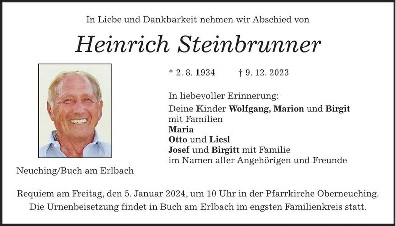 Traueranzeige Heinrich Steinbrunner