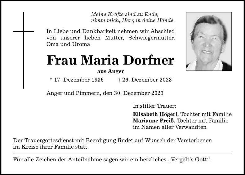 Traueranzeige Maria Dorfner