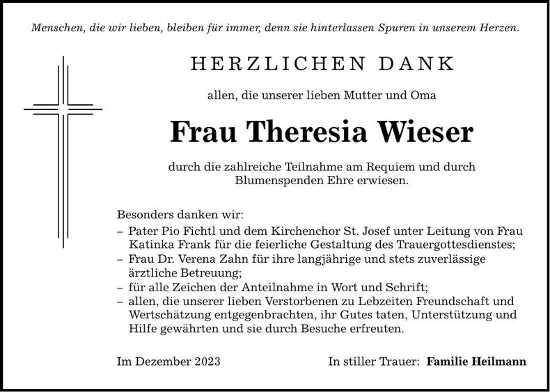 Traueranzeige Theresia Wieser